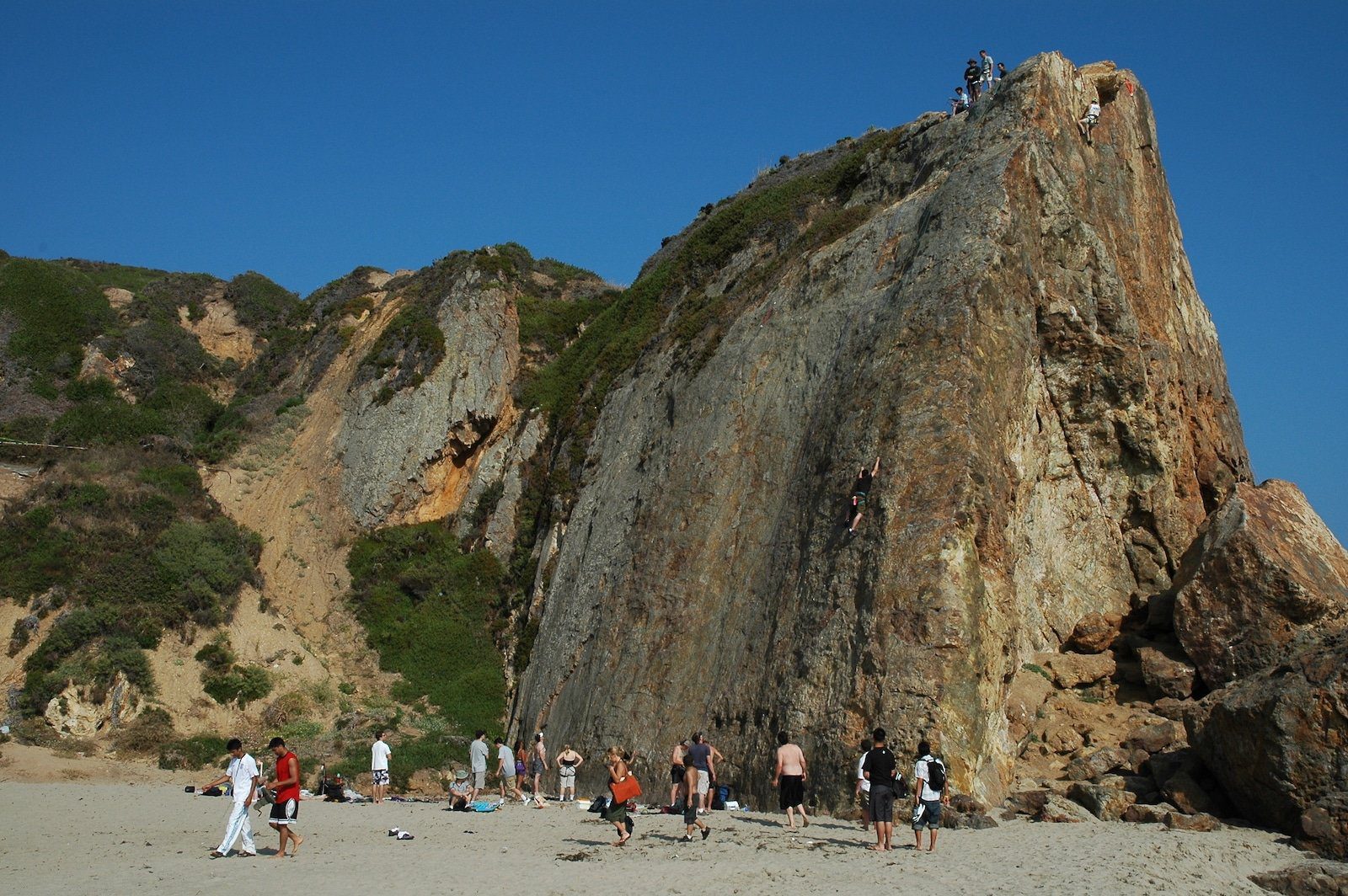 Rock climbers and observers at Point Dume, California