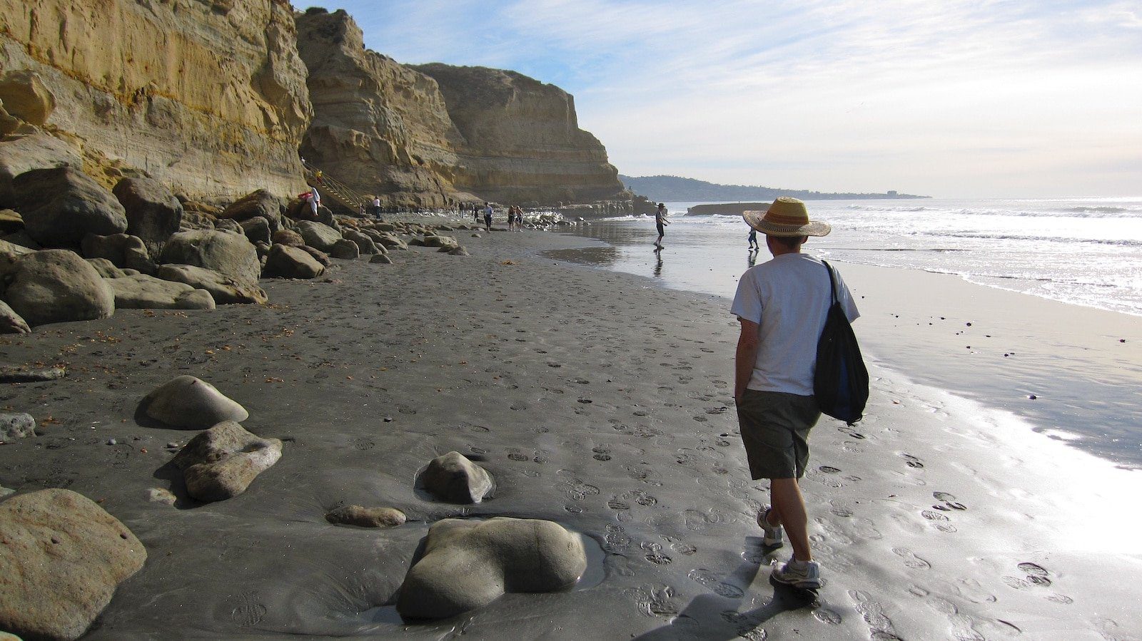 Image of a man walking along the Torrey Pines State Beach, California